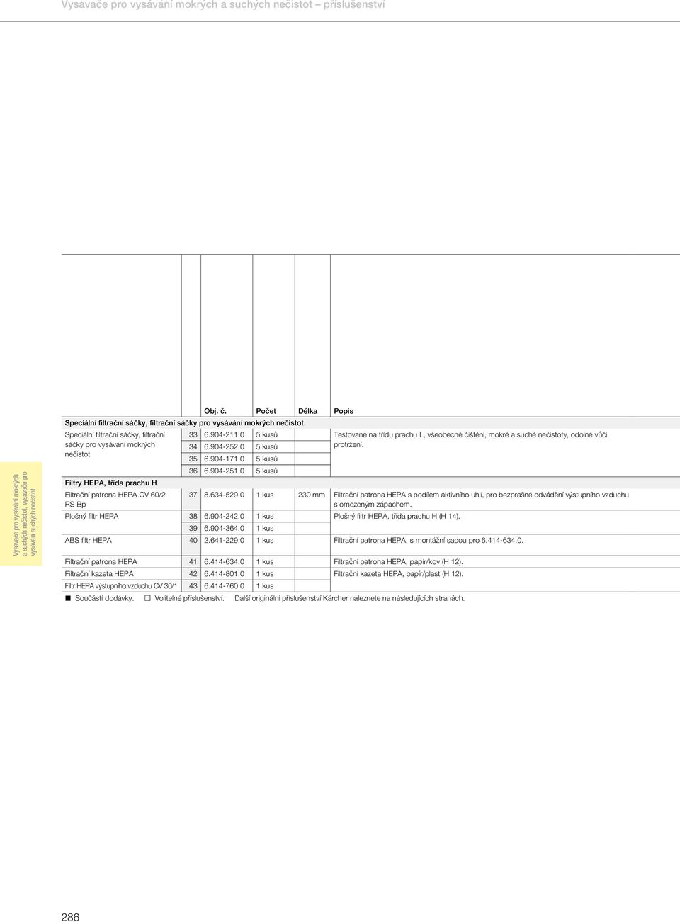 634-529.0 Plošný filtr HEPA 38 6.904-242.0 39 6.904-364.0 ABS filtr HEPA 40 2.641-229.0 Filtrační patrona HEPA, s montážní sadou pro 6.414-634.0. Filtrační patrona HEPA 41 6.414-634.0 Filtrační patrona HEPA, papír/kov (H 12).