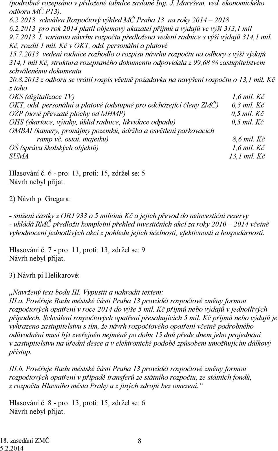 8.2013 z odborů se vrátil rozpis včetně požadavku na navýšení rozpočtu o 13,1 mil. Kč z toho OKS (digitalizace TV) 1,6 mil. Kč OKT, odd.