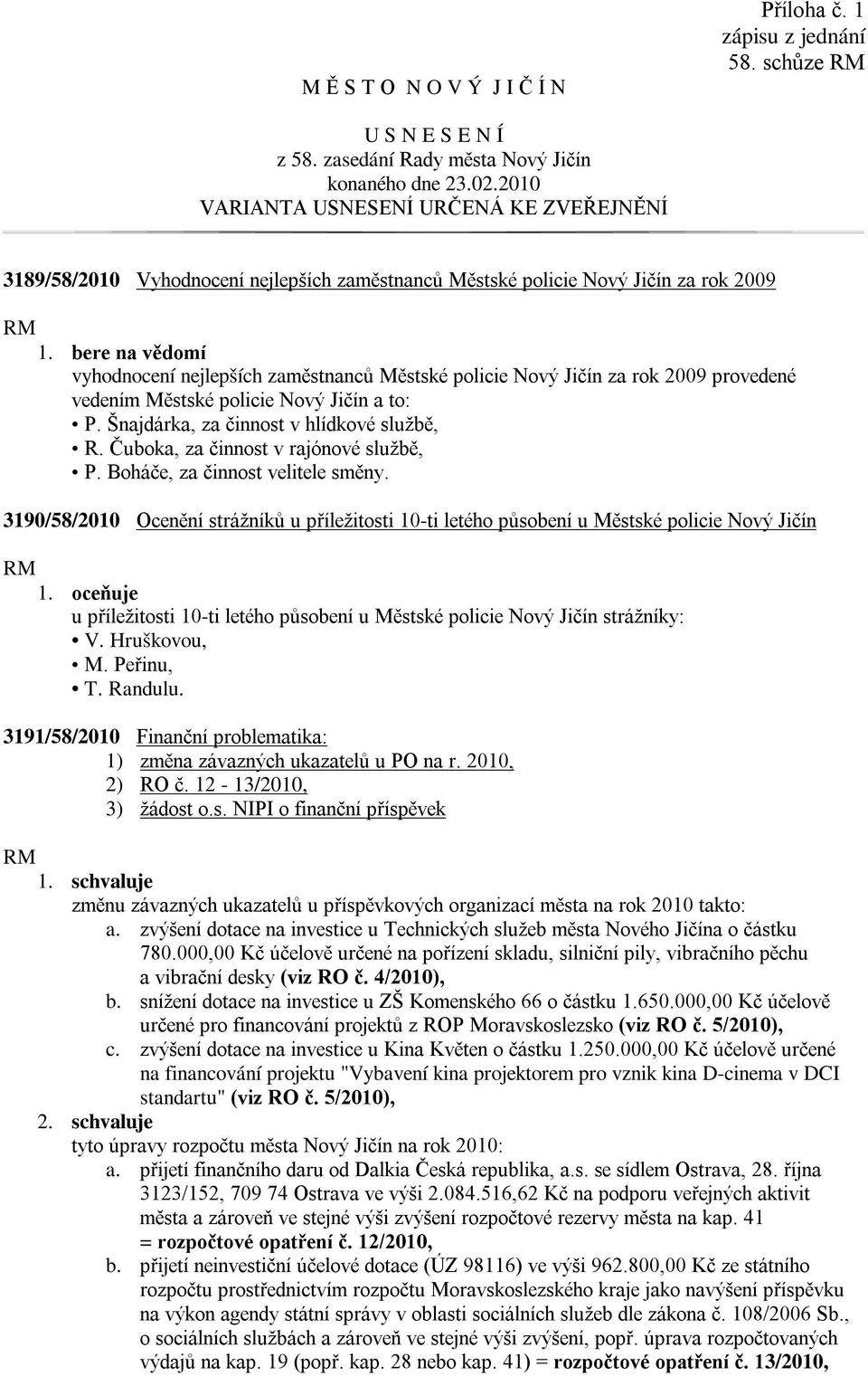 2009 provedené vedením Městské policie Nový Jičín a to: P. Šnajdárka, za činnost v hlídkové službě, R. Čuboka, za činnost v rajónové službě, P. Boháče, za činnost velitele směny.