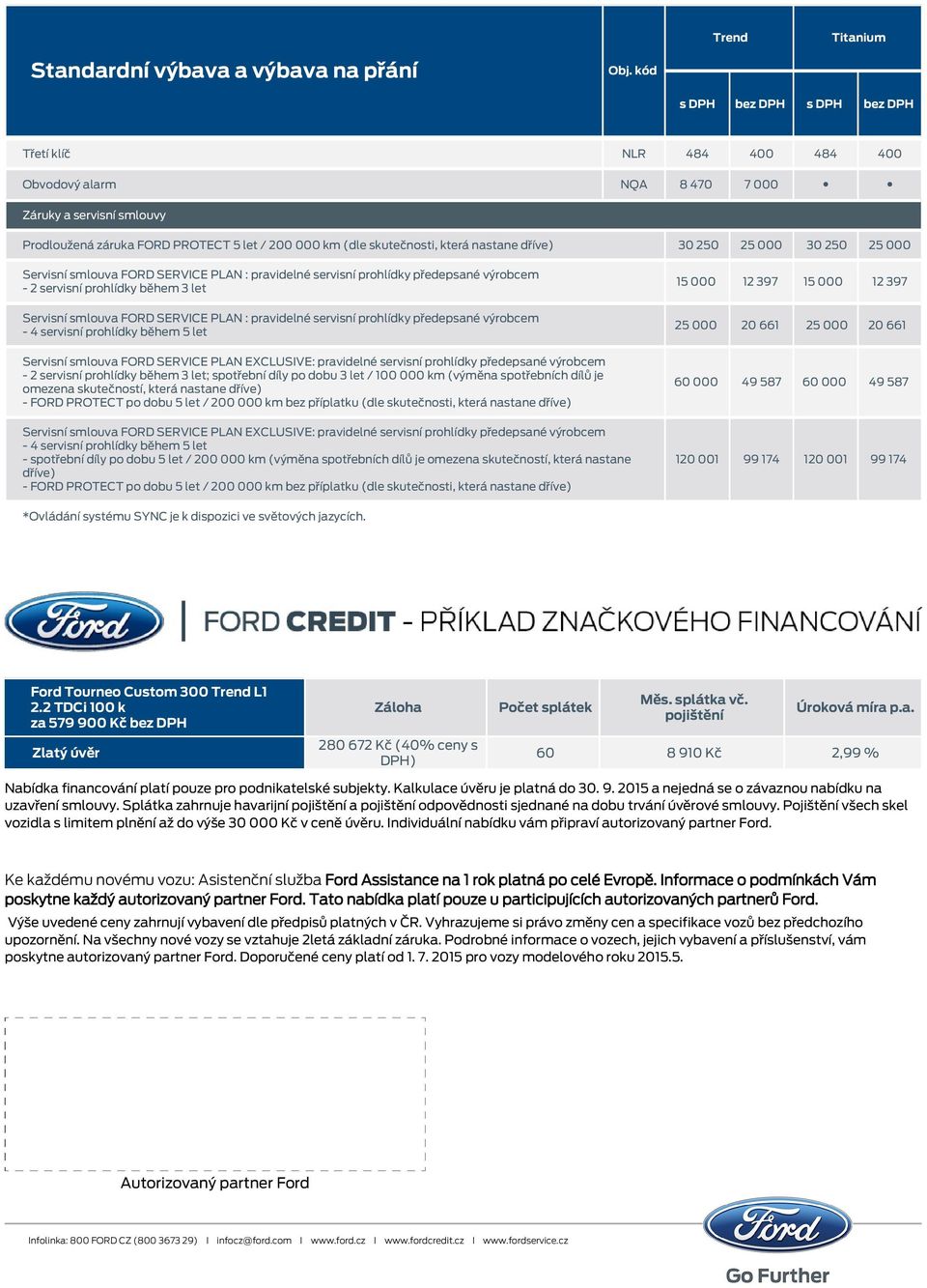 předepsané výrobcem - 4 servisní prohlídky během 5 let Servisní smlouva FORD SERVICE PLAN EXCLUSIVE: pravidelné servisní prohlídky předepsané výrobcem - 2 servisní prohlídky během 3 let; spotřební