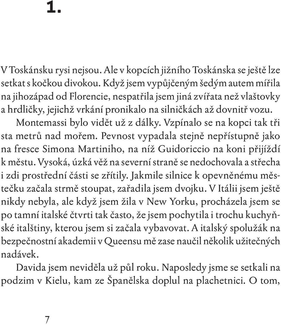 Montemassi bylo vidět už z dálky. Vzpínalo se na kopci tak tři sta metrů nad mořem. Pevnost vypadala stejně nepřístupně jako na fresce Simona Martiniho, na níž Guidoriccio na koni přijíždí k městu.