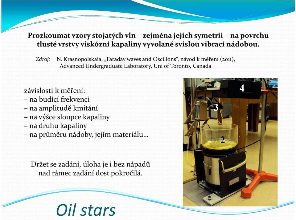 Krasnopolskaia, Faraday waves and Oscillons, návod k měření (2011), Advanced Undergraduate Laboratory, Uni of Toronto,