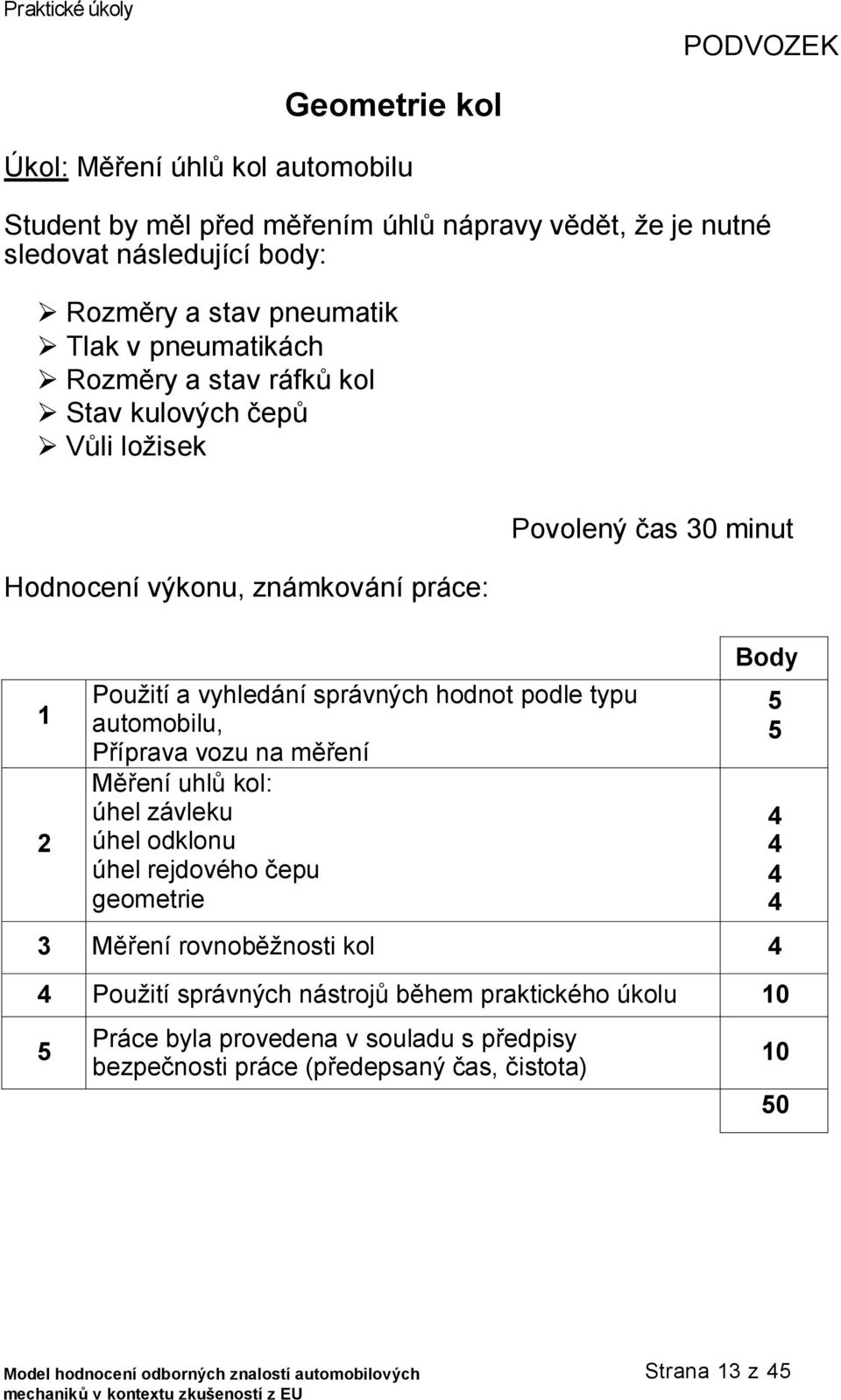 podle typu automobilu, Příprava vozu na měření Měření uhlů kol: úhel závleku úhel odklonu úhel rejdového čepu geometrie Povolený čas 30 minut Body 3 Měření