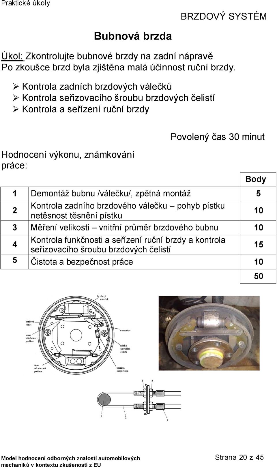 Povolený čas 30 minut Body 1 Demontáž bubnu /válečku/, zpětná montáž 2 Kontrola zadního brzdového válečku pohyb pístku netěsnost těsnění pístku 3 Měření