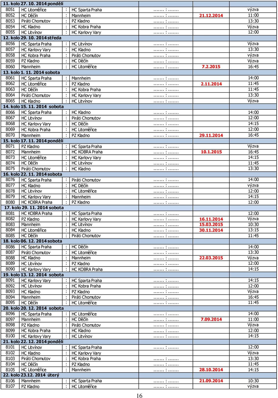 .. :... výzva 8059 PZ Kladno : HC Děčín... :... Výzva 8060 Mannheim : HC Litoměřice... :... 7.2.2015 16:45 13. kolo 1. 11. 2014 sobota 8061 HC Sparta Praha : Mannheim... :... 14:00 8062 HC Litoměřice : PZ Kladno.