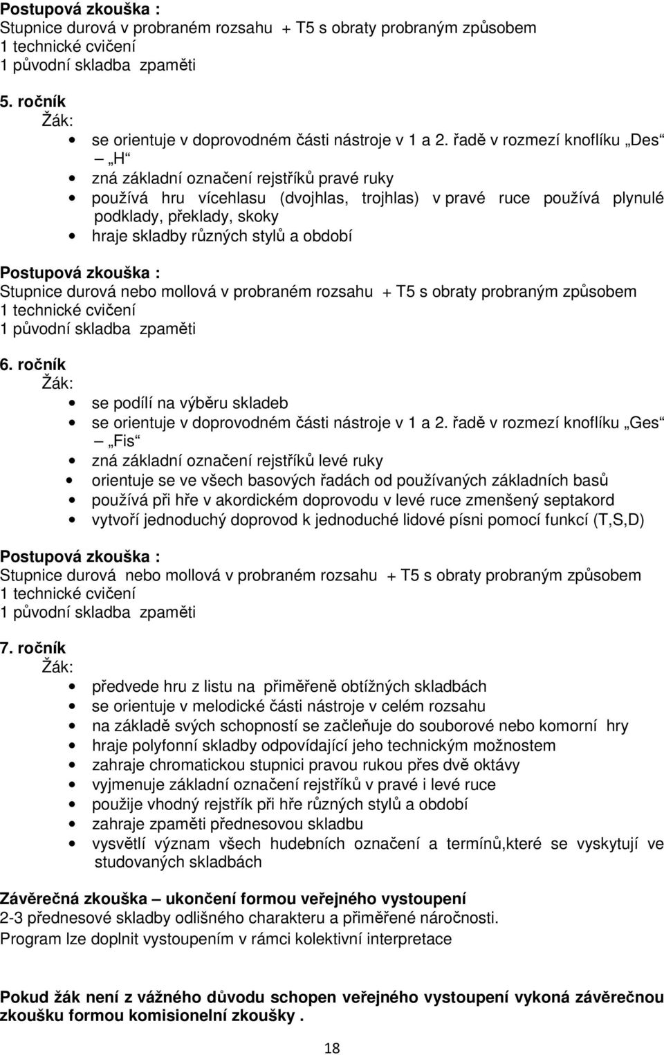 a období : Stupnice durová nebo mollová v probraném rozsahu + T5 s obraty probraným způsobem 1 technické cvičení 1 původní skladba zpaměti 6.