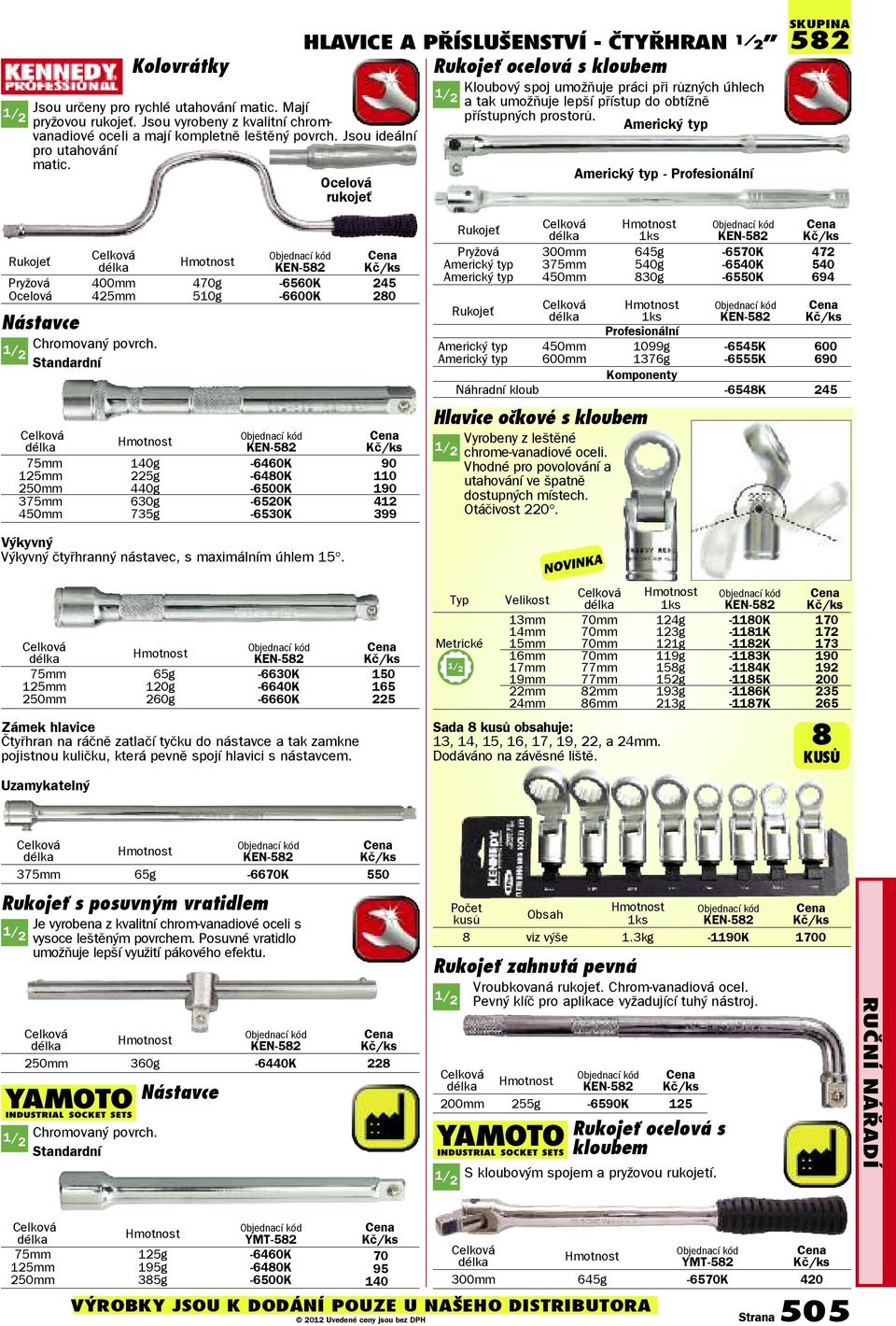 Americký typ Americký typ Profesionální skupina 582 Rukojeť Pryžová 400mm 470g 6560K 245 Ocelová 425mm 510g 6600K 280 Nástavce 1/ Chromovaný povrch.