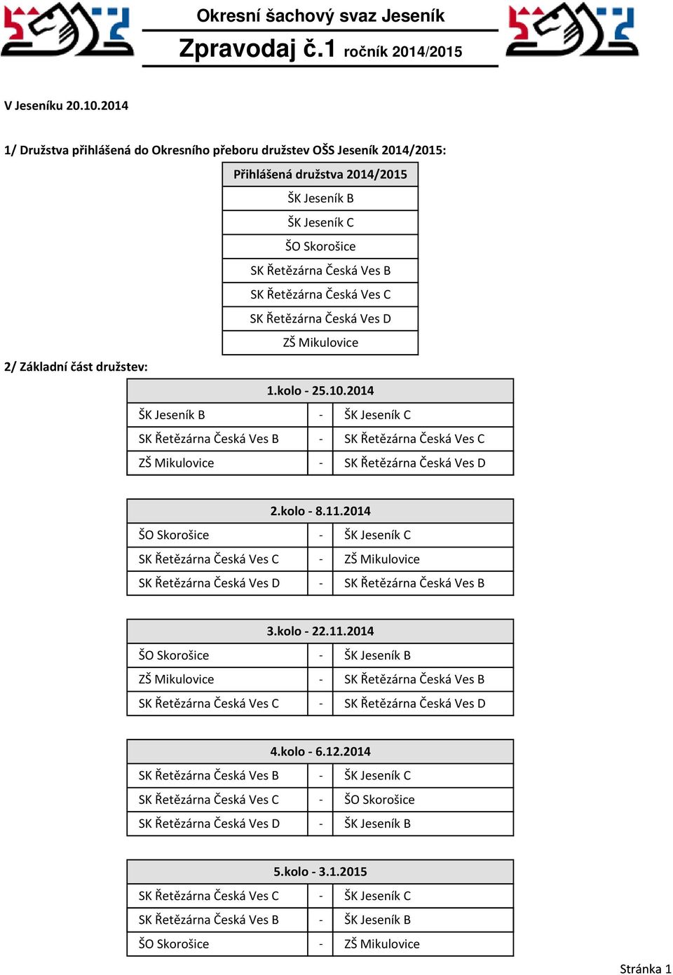 SK Řetězárna Česká Ves D ZŠ Mikulovice 2/ Základní část družstev: 1.kolo - 25.10.
