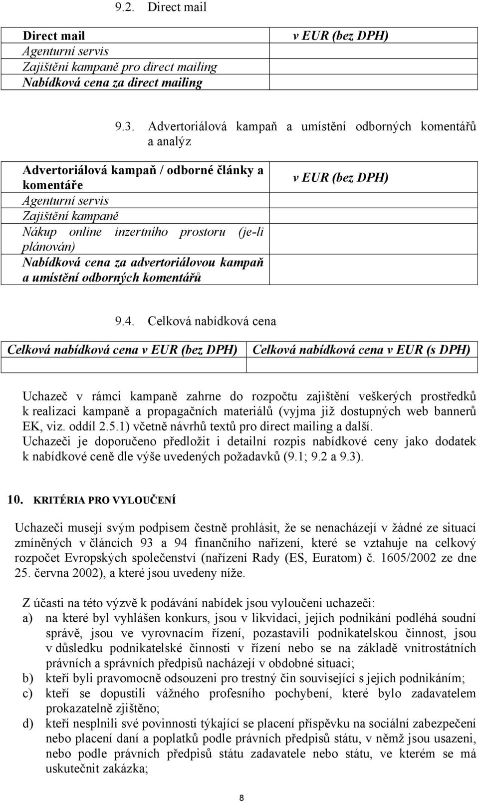 Nabídková cena za advertoriálovou kampaň a umístění odborných komentářů v EUR (bez DPH) 9.4.