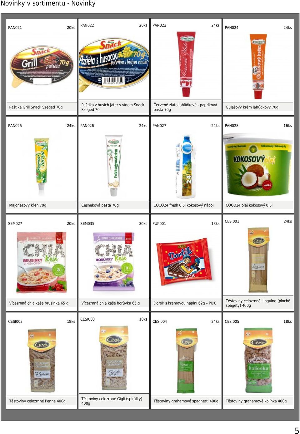 CESI002 PAN022 SEM035 COCO24 fresh 0,5l kokosový nápoj Vícezrnná chia kaše borůvka 65 g CESI003 1 Těstoviny celozrnné Gigli (spirálky) 400g PUK001 1 1 COCO24 olej kokosový