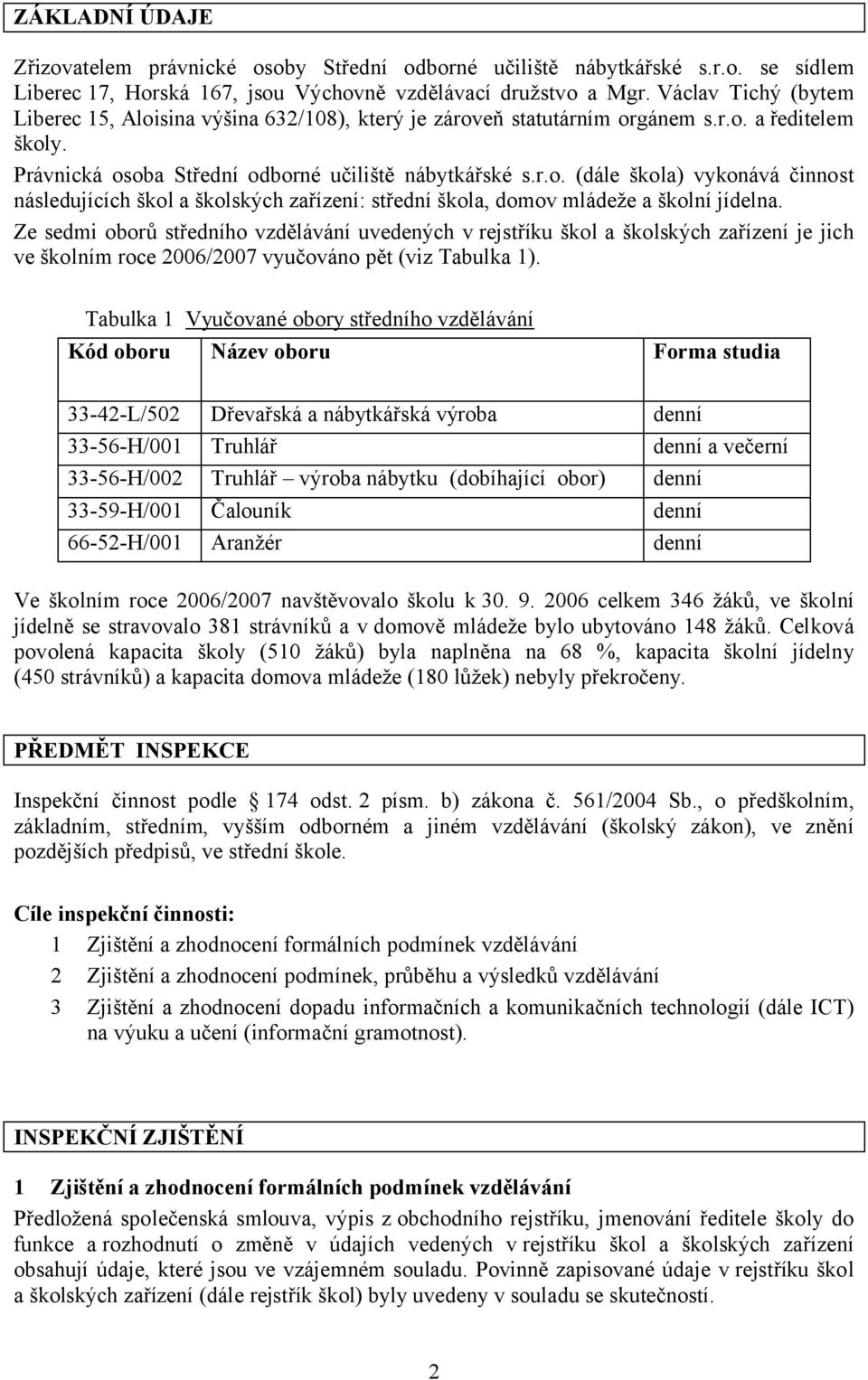 Ze sedmi oborů středního vzdělávání uvedených v rejstříku škol a školských zařízení je jich ve školním roce 2006/2007 vyučováno pět (viz Tabulka 1).