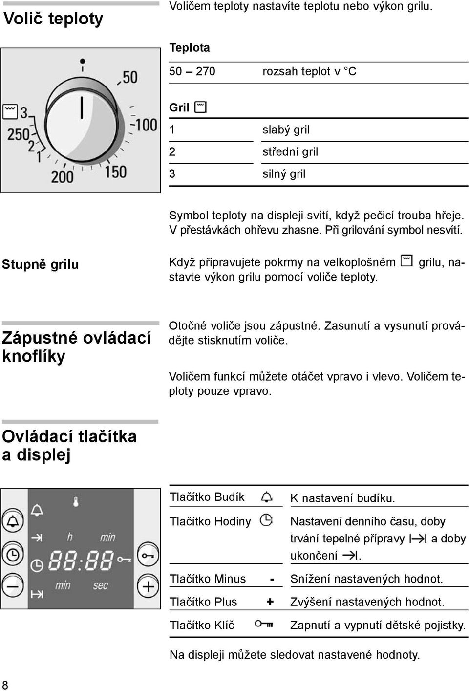 Stupně grilu grilu, na- Když připravujete pokrmy na velkoplošném stavte výkon grilu pomocí voliče teploty. Zápustné ovládací knoflíky Otočné voliče jsou zápustné.