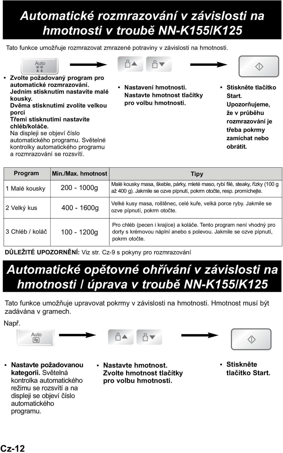 Na displeji se objeví číslo automatického programu. Světelné kontrolky automatického programu a rozmrazování se rozsvítí. Nastavení hmotnosti. Nastavte hmotnost tlačítky pro volbu hmotnosti.