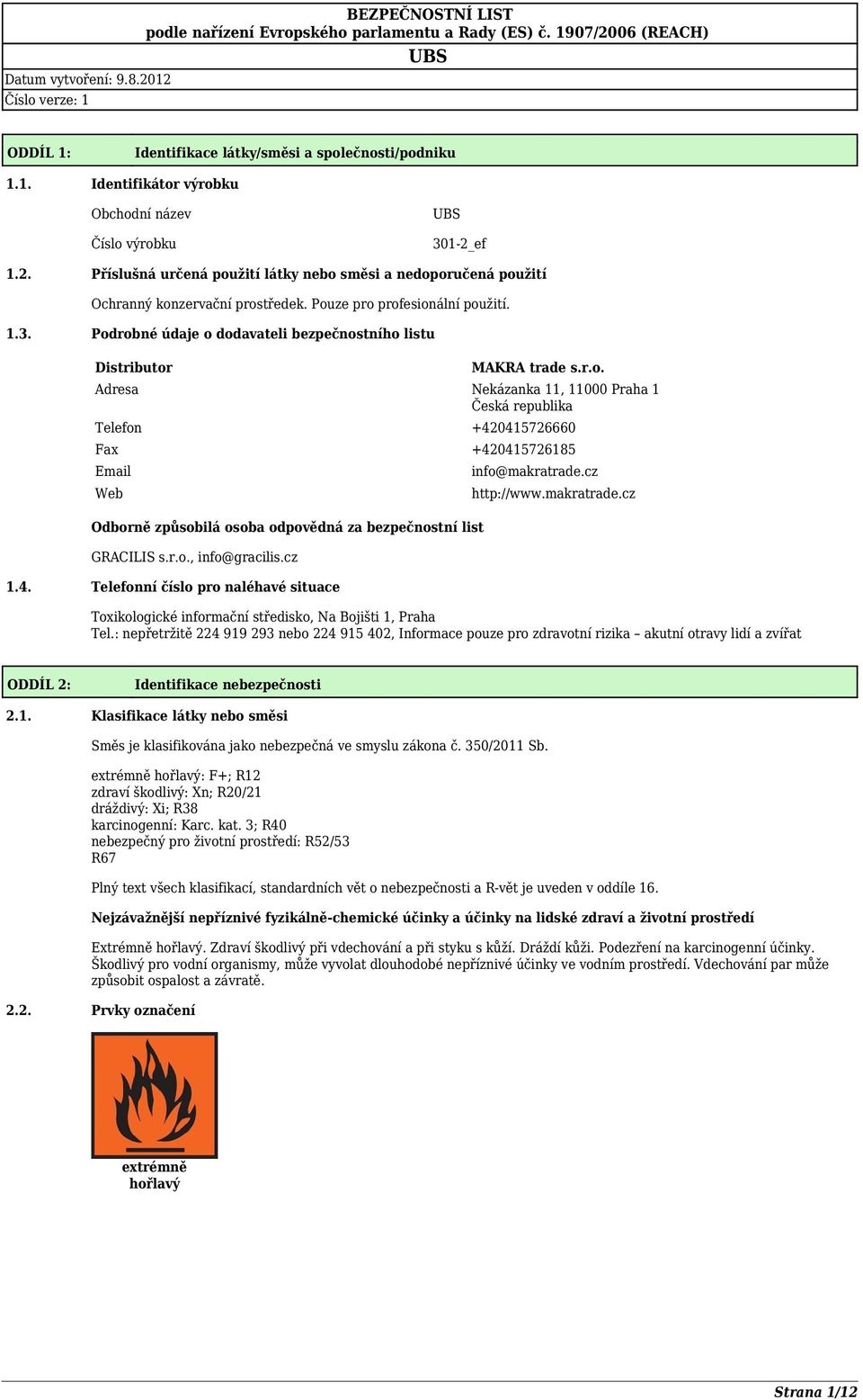 Podrobné údaje o dodavateli bezpečnostního listu Distributor MAKRA trade s.r.o. Adresa Nekázanka 11, 11000 Praha 1 Česká republika Telefon +420415726660 Fax +420415726185 Email Web Odborně způsobilá osoba odpovědná za bezpečnostní list GRACILIS s.