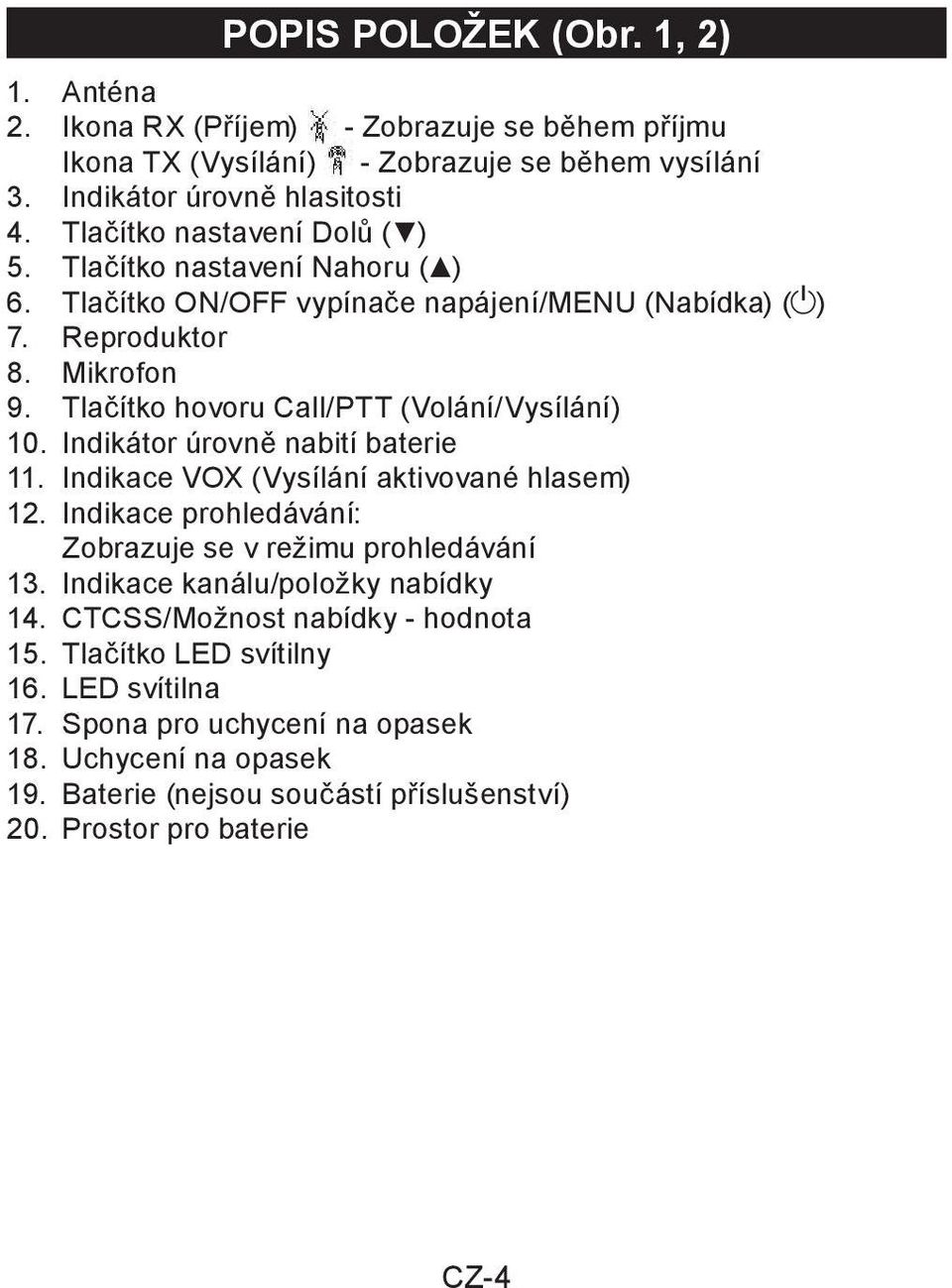 Tlačítko hovoru Call/PTT (Volání/Vysílání) 10. Indikátor úrovně nabití baterie 11. Indikace VOX (Vysílání aktivované hlasem) 12.