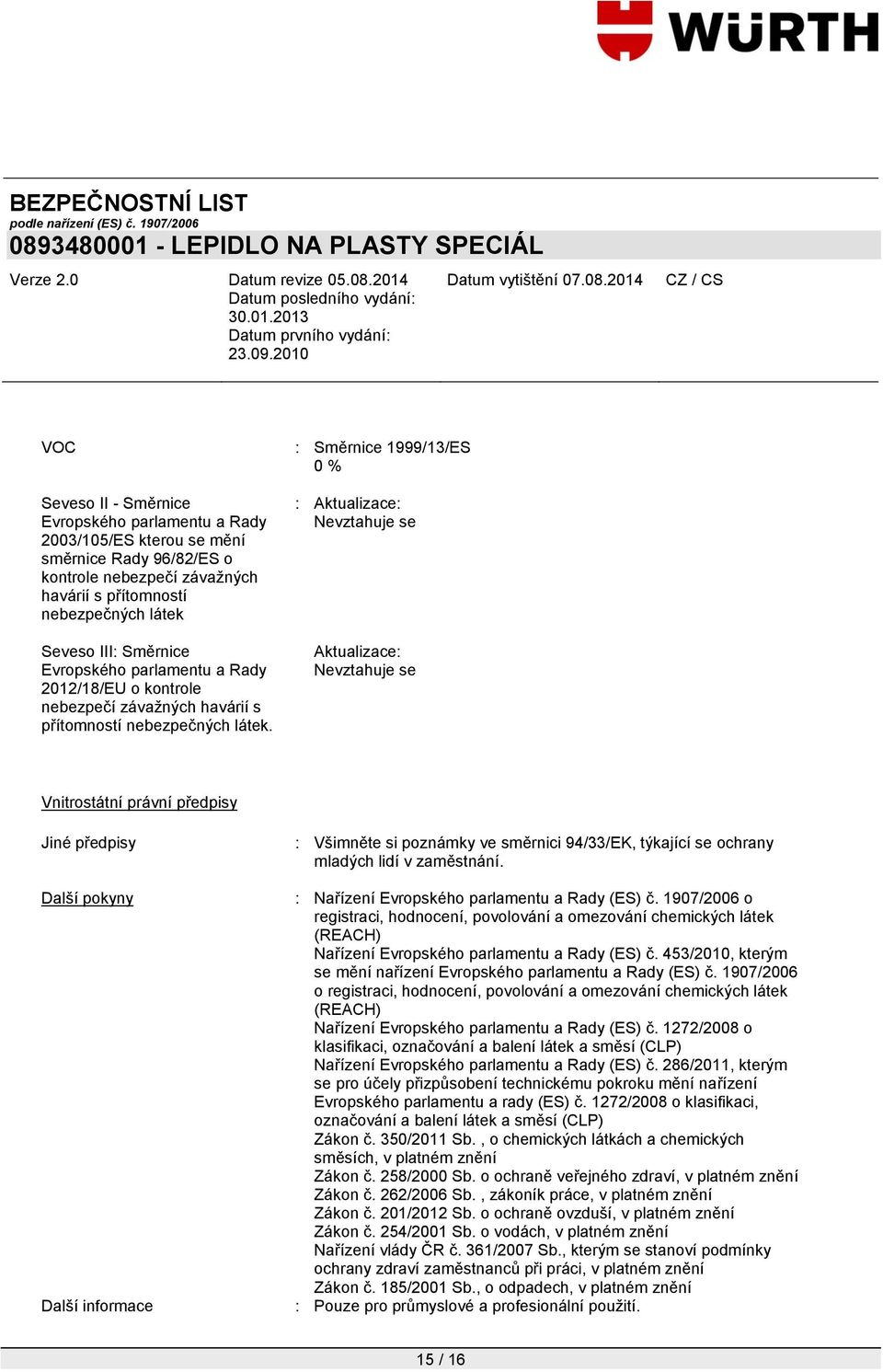 : Směrnice 1999/13/ES 0 % : Aktualizace: Nevztahuje se Aktualizace: Nevztahuje se Vnitrostátní právní předpisy Jiné předpisy Další pokyny Další informace : Všimněte si poznámky ve směrnici 94/33/EK,