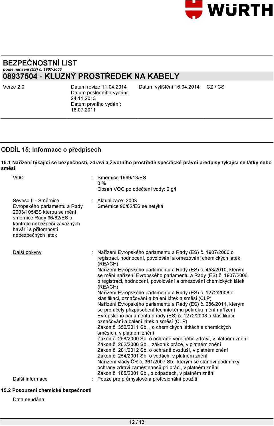 mění směrnice Rady 96/82/ES o kontrole nebezpečí závažných havárií s přítomností nebezpečných látek : Směrnice 1999/13/ES 0 % Obsah VOC po odečtení vody: 0 g/l : Aktualizace: 2003 Směrnice 96/82/ES