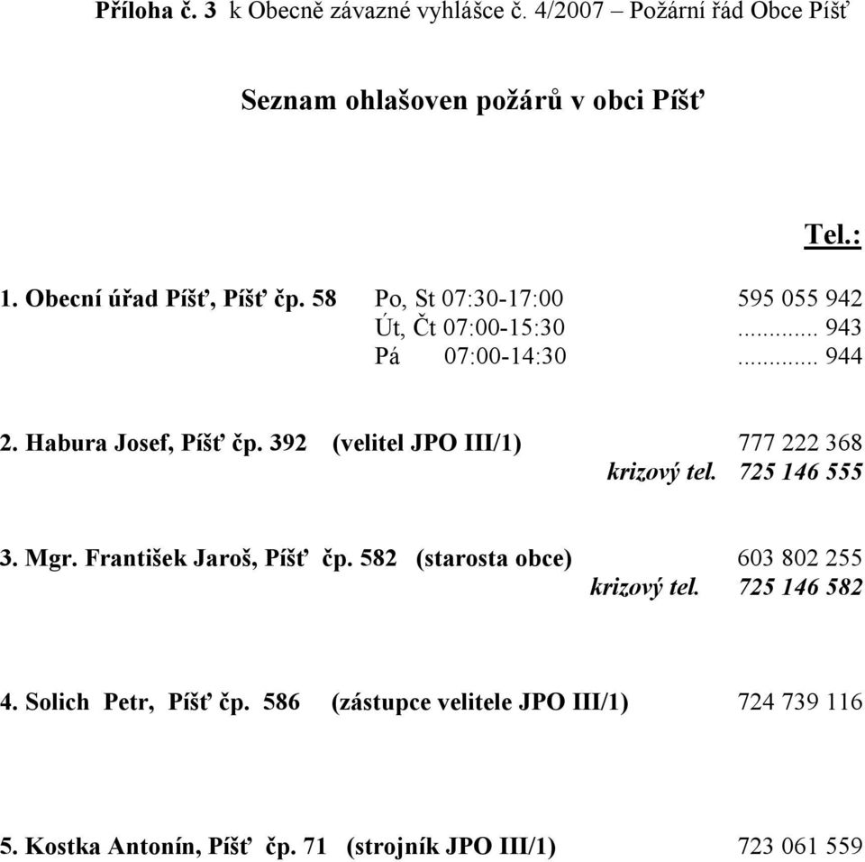 392 (velitel JPO III/1) 777 222 368 krizový tel. 725 146 555 3. Mgr. František Jaroš, Píšť čp.