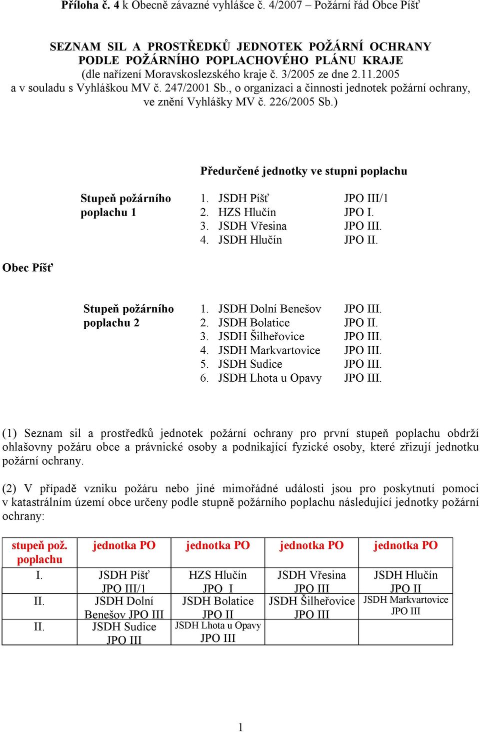 2005 a v souladu s Vyhláškou MV č. 247/2001 Sb., o organizaci a činnosti jednotek požární ochrany, ve znění Vyhlášky MV č. 226/2005 Sb.