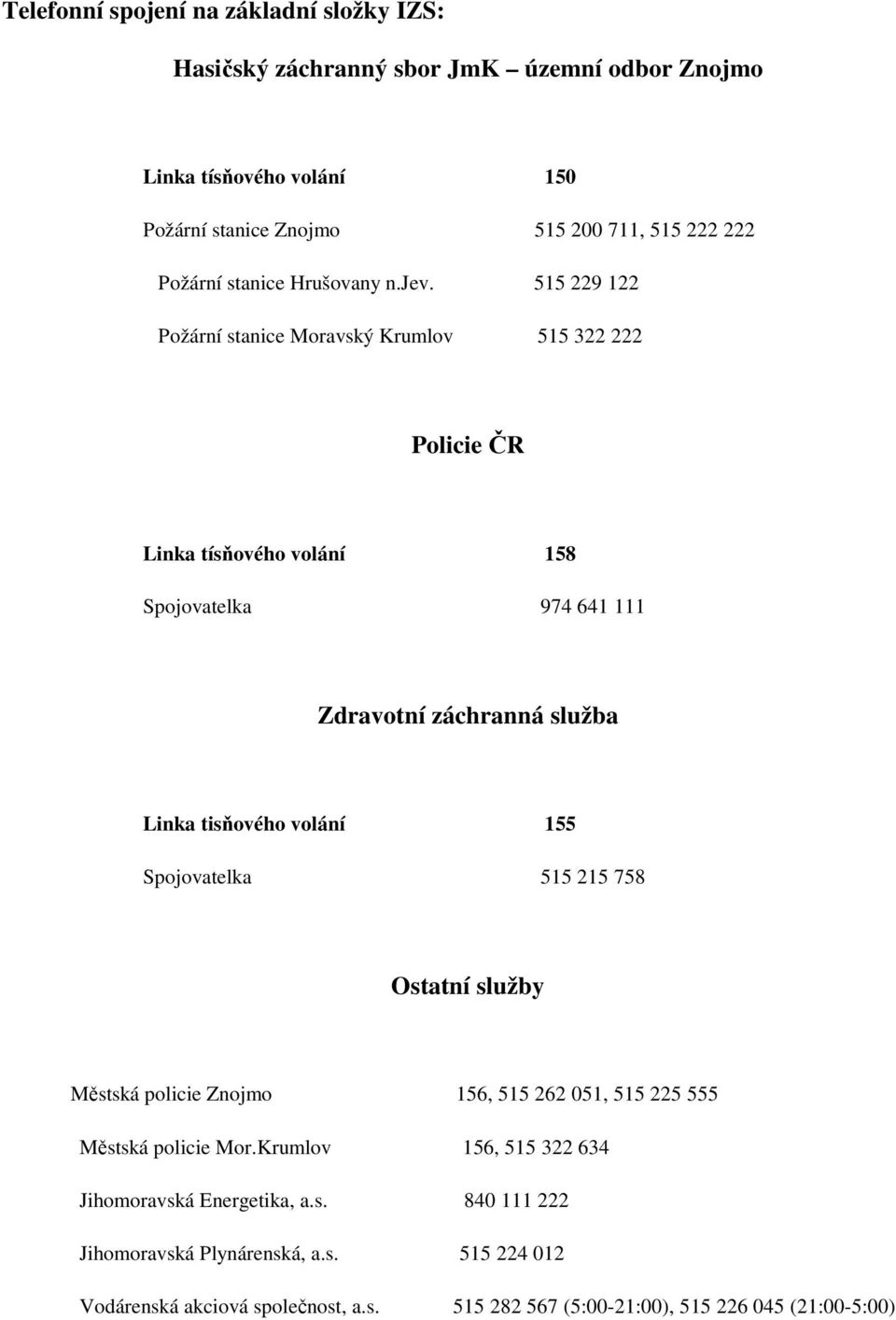 515 229 122 Požární stanice Moravský Krumlov 515 322 222 Policie ČR Linka tísňového volání 158 Spojovatelka 974 641 111 Zdravotní záchranná služba Linka tisňového volání