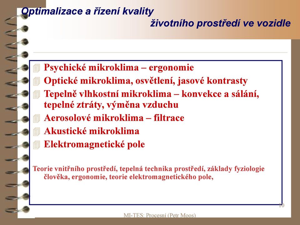 výměna vzduchu Aerosolové mikroklima filtrace Akustické mikroklima Elektromagnetické pole Teorie