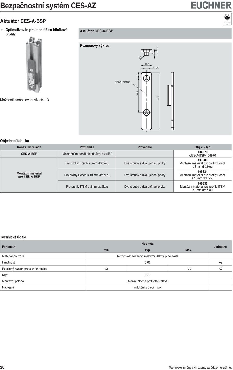 Montážní materiál pro CES-A-BSP Pro profi ly Bosch s 10 mm drážkou Pro profily ITEM s 8mm drážkou Dva šrouby a dva upínací prvky Dva šrouby a dva upínací prvky 1034