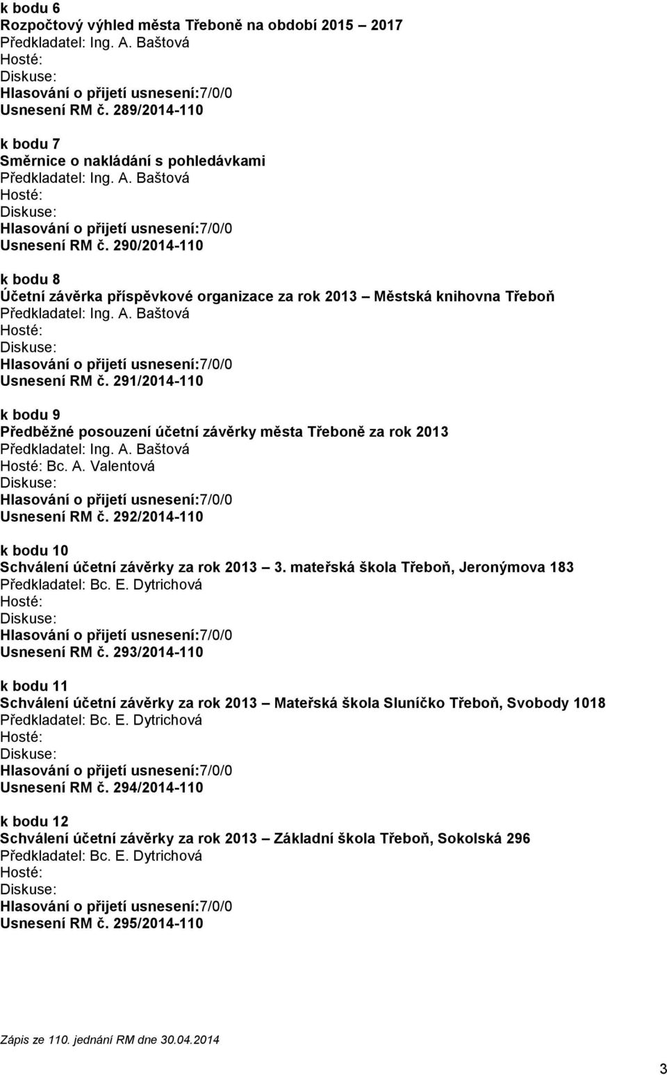 Valentová Usnesení RM č. 292/2014-110 k bodu 10 Schválení účetní závěrky za rok 2013 3. mateřská škola Třeboň, Jeronýmova 183 Předkladatel: Bc. E. Dytrichová Usnesení RM č.