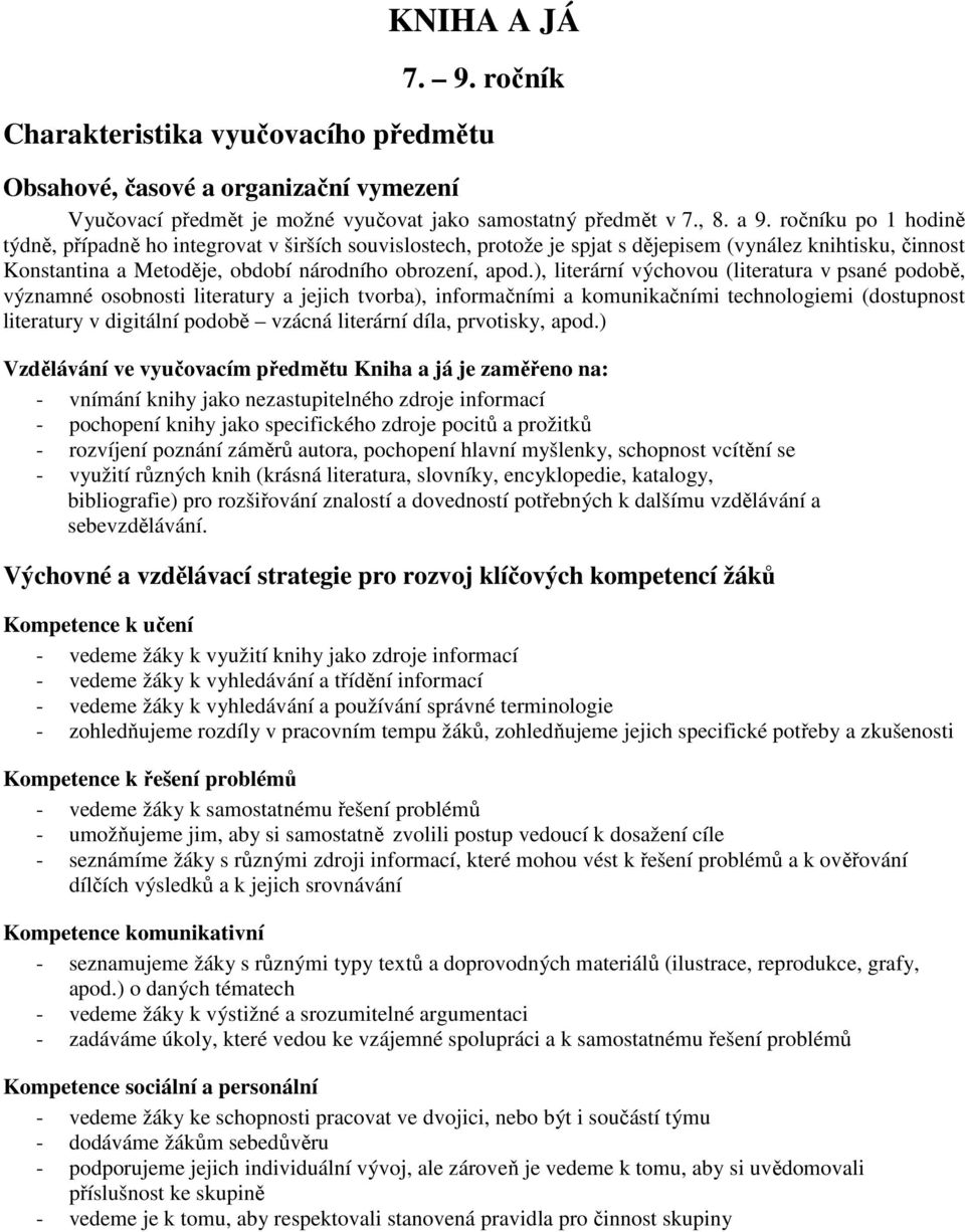 ), literární výchovou (literatura v psané podobě, významné osobnosti literatury a jejich tvorba), informačními a komunikačními technologiemi (dostupnost literatury v digitální podobě vzácná literární