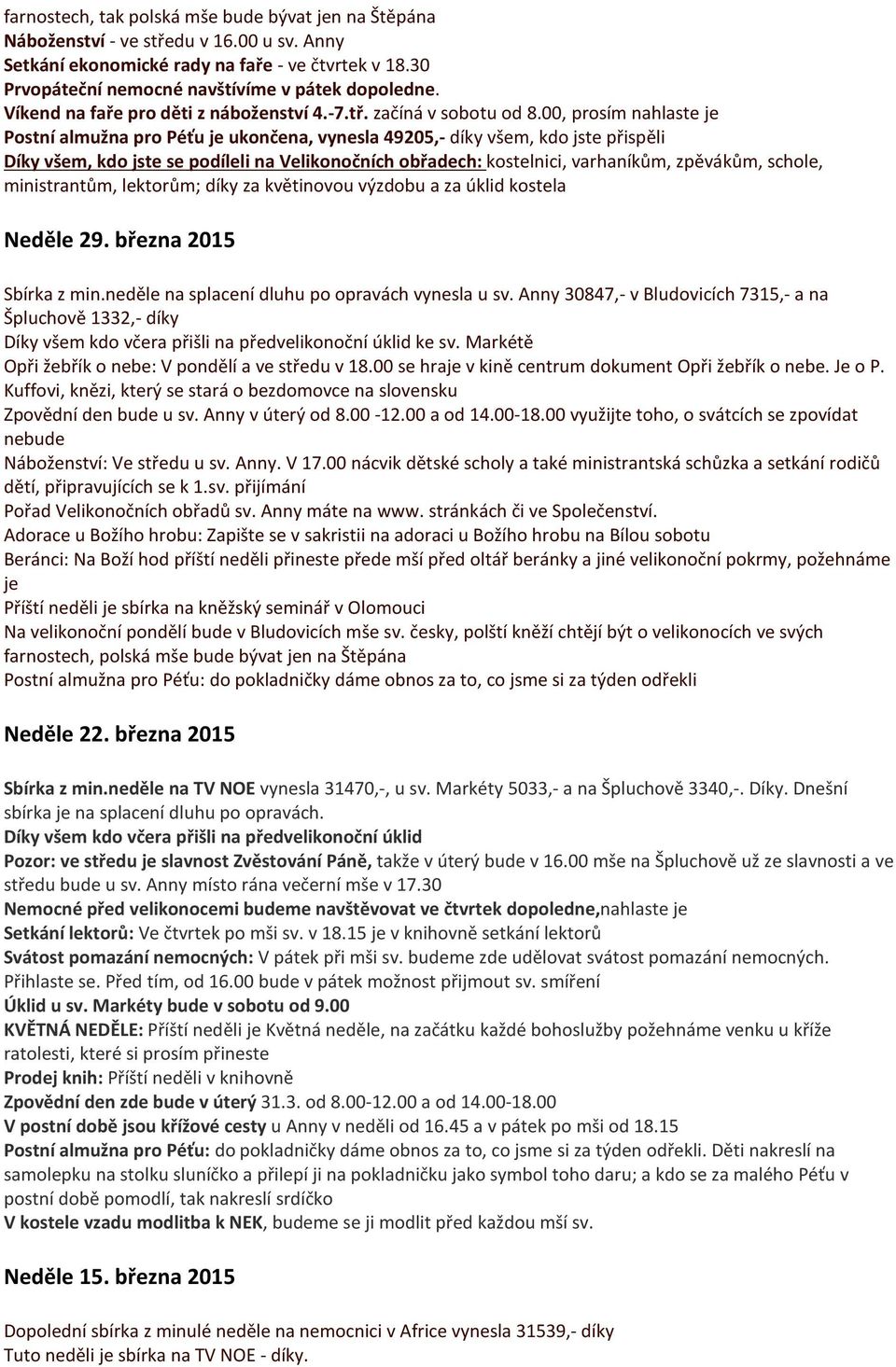 00, prosím nahlaste je Postní almužna pro Péťu je ukončena, vynesla 49205,- díky všem, kdo jste přispěli Díky všem, kdo jste se podíleli na Velikonočních obřadech: kostelnici, varhaníkům, zpěvákům,