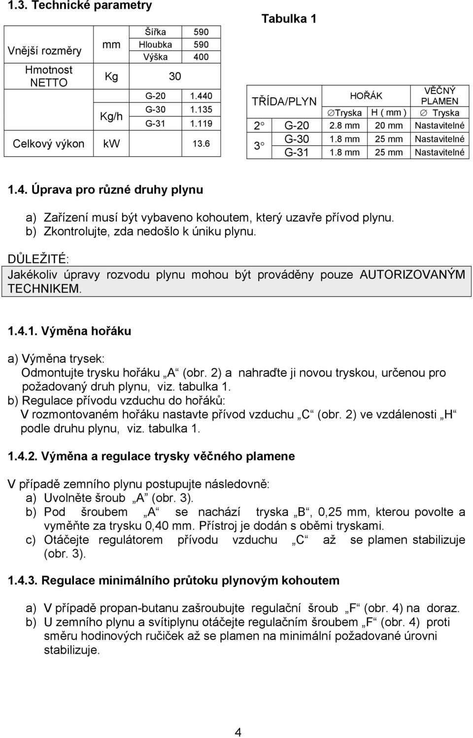 Úprava pro různé druhy plynu a) Zařízení musí být vybaveno kohoutem, který uzavře přívod plynu. b) Zkontrolujte, zda nedošlo k úniku plynu.