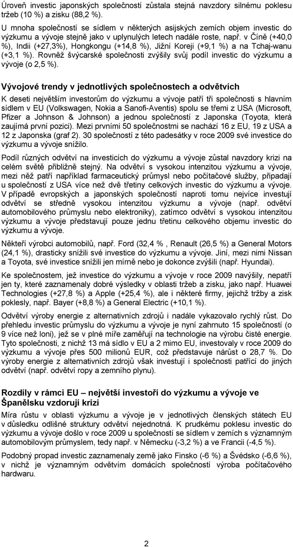 v Číně (+40,0 %), Indii (+27,3%), Hongkongu (+14,8 %), Jižní Koreji (+9,1 %) a na Tchaj-wanu (+3,1 %). Rovněž švýcarské společnosti zvýšily svůj podíl investic do výzkumu a vývoje (o 2,5 %).