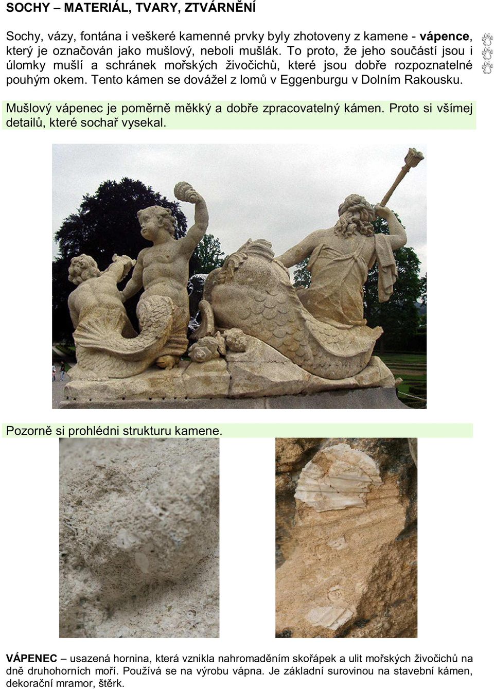 Tento kámen se dovážel z lomů v Eggenburgu v Dolním Rakousku. Mušlový vápenec je poměrně měkký a dobře zpracovatelný kámen. Proto si všímej detailů, které sochař vysekal.