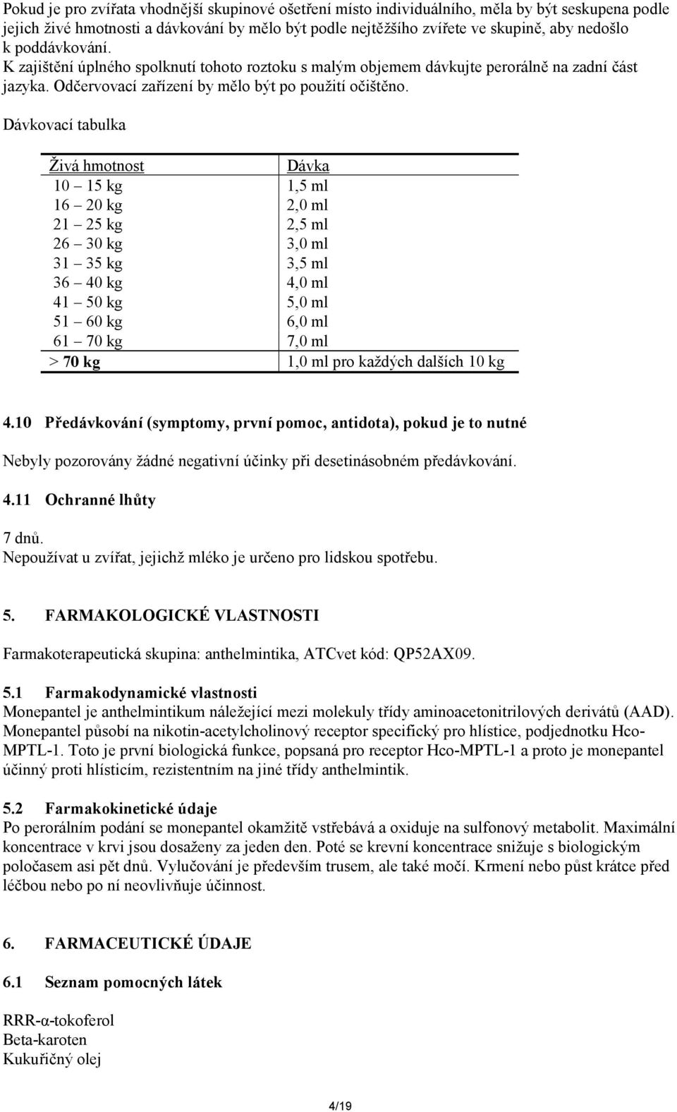 Dávkovací tabulka Živá hmotnost Dávka 10 15 kg 1,5 ml 16 20 kg 2,0 ml 21 25 kg 2,5 ml 26 30 kg 3,0 ml 31 35 kg 3,5 ml 36 40 kg 4,0 ml 41 50 kg 5,0 ml 51 60 kg 6,0 ml 61 70 kg 7,0 ml > 70 kg 1,0 ml