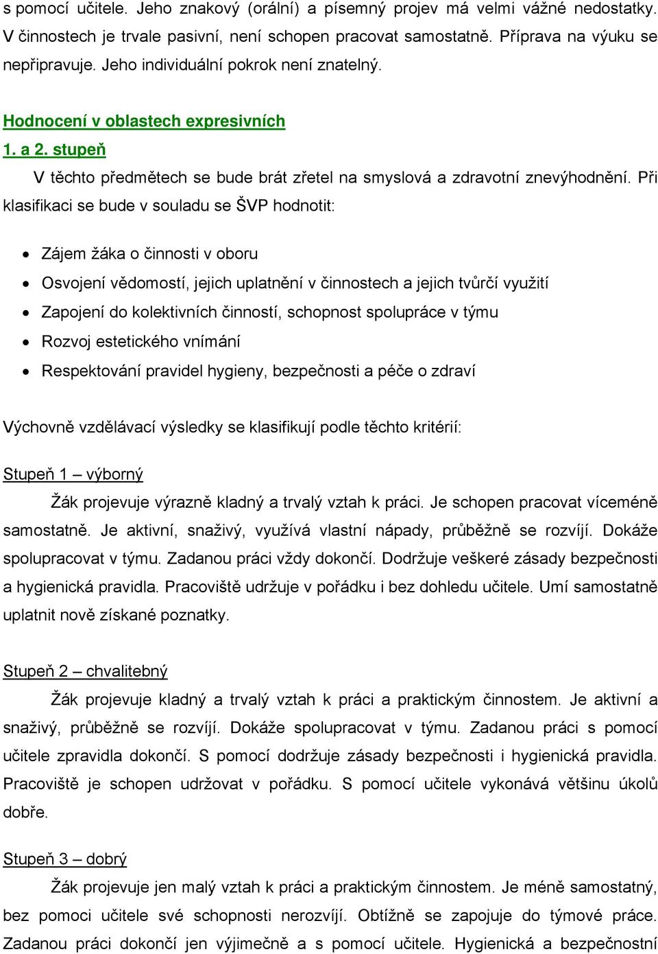 Při klasifikaci se bude v souladu se ŠVP hodnotit: Zájem žáka o činnosti v oboru Osvojení vědomostí, jejich uplatnění v činnostech a jejich tvůrčí využití Zapojení do kolektivních činností, schopnost