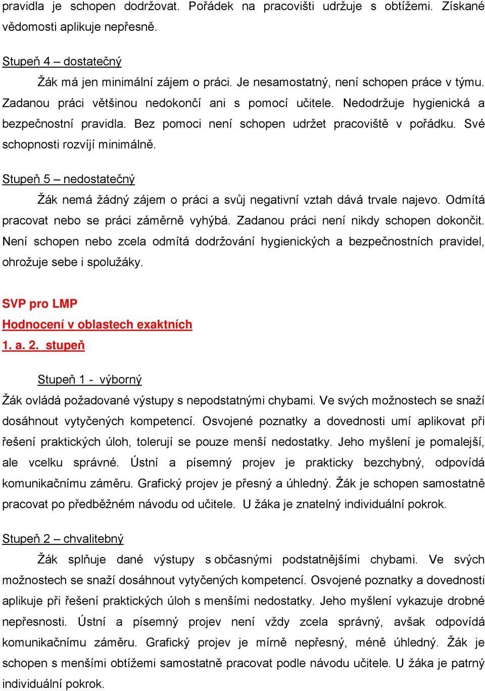 Své schopnosti rozvíjí minimálně. Stupeň 5 nedostatečný Žák nemá žádný zájem o práci a svůj negativní vztah dává trvale najevo. Odmítá pracovat nebo se práci záměrně vyhýbá.