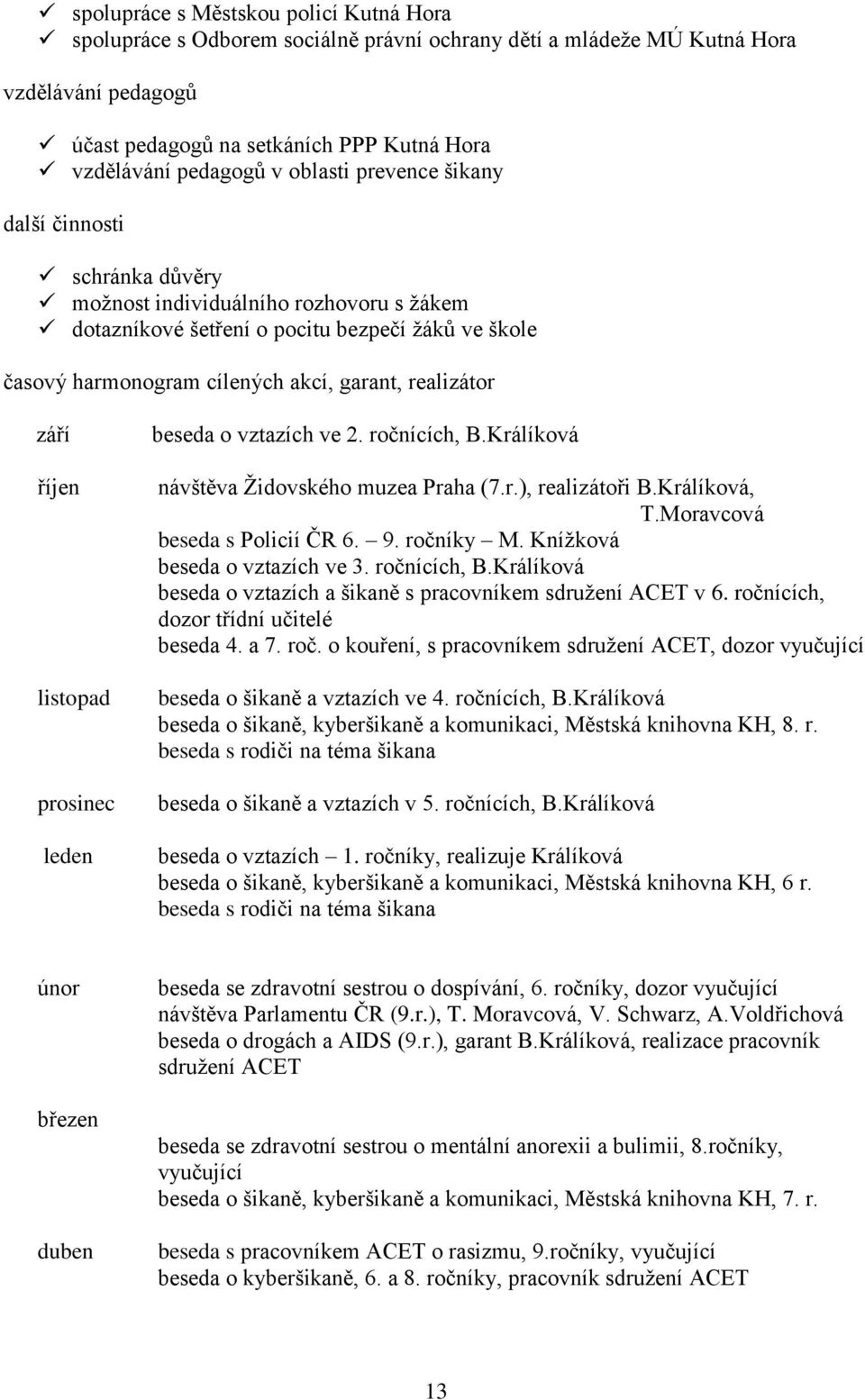 září říjen listopad prosinec leden beseda o vztazích ve 2. ročnících, B.Králíková návštěva Židovského muzea Praha (7.r.), realizátoři B.Králíková, T.Moravcová beseda s Policií ČR 6. 9. ročníky M.