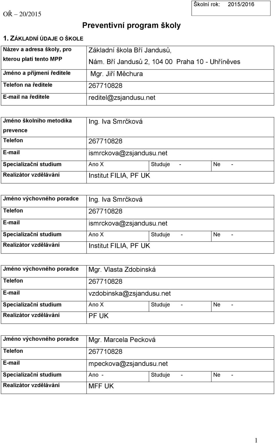 Bří Jandusů 2, 104 00 Praha 10 - Uhříněves Mgr. Jiří Měchura E-mail na ředitele reditel@zsjandusu.net Jméno školního metodika prevence Ing. Iva Smrčková Telefon 267710828 E-mail ismrckova@zsjandusu.