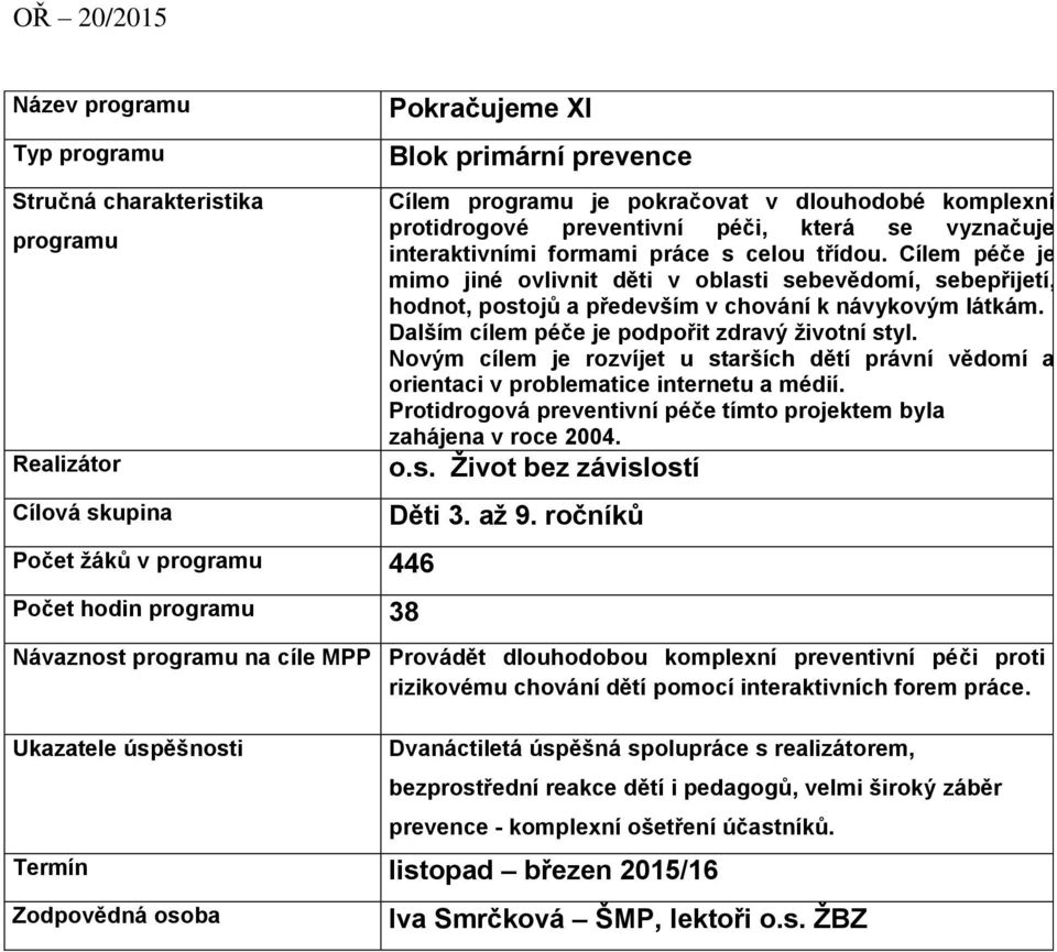 Cílem péče je mimo jiné ovlivnit děti v oblasti sebevědomí, sebepřijetí, hodnot, postojů a především v chování k návykovým látkám. Dalším cílem péče je podpořit zdravý životní styl.