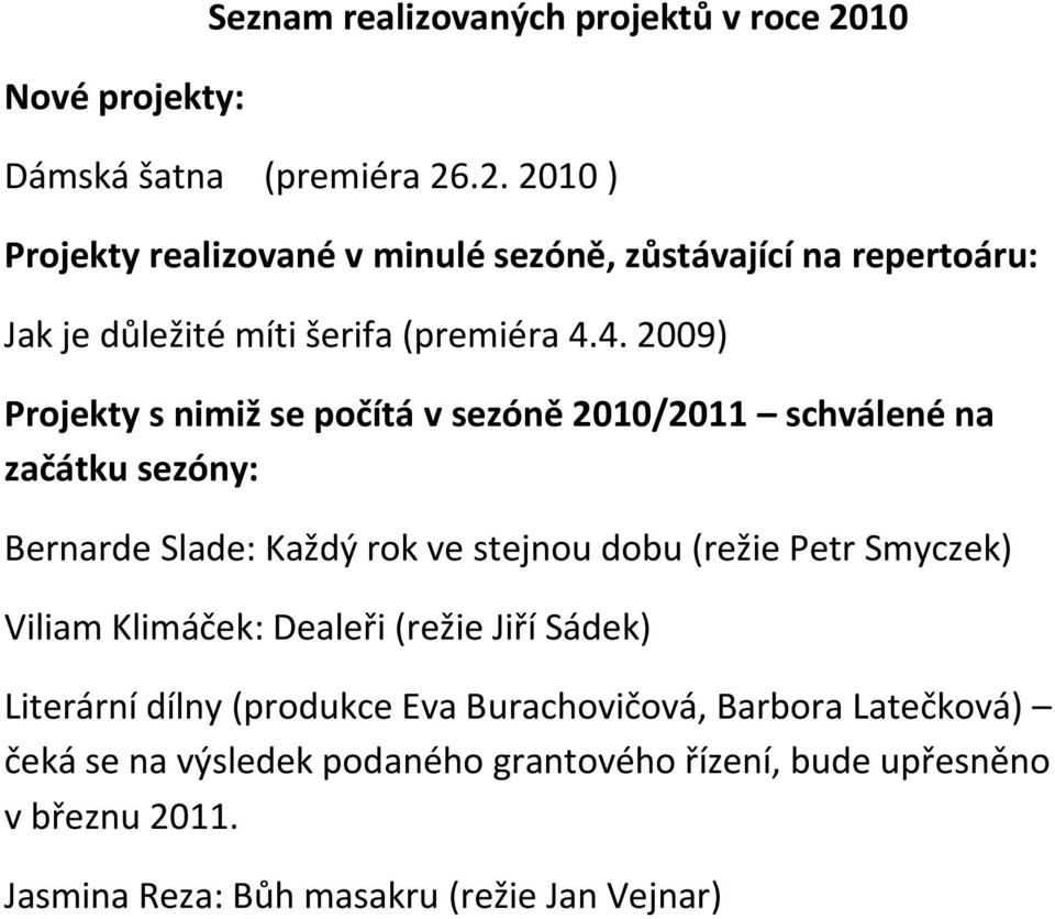 4. 2009) Projekty s nimiž se počítá v sezóně 2010/2011 schválené na začátku sezóny: Bernarde Slade: Každý rok ve stejnou dobu (režie Petr