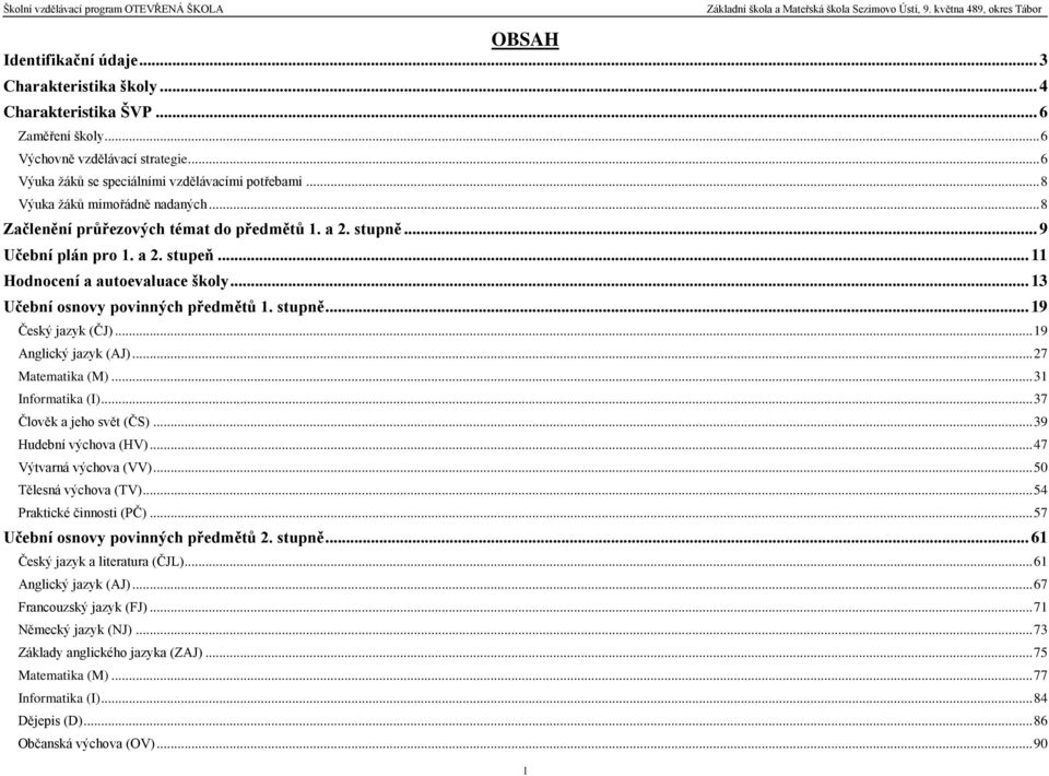 .. 13 Učební osnovy povinných předmětů 1. stupně... 19 Český jazyk (ČJ)... 19 Anglický jazyk (AJ)... 27 Matematika (M)... 31 Informatika (I)... 37 Člověk a jeho svět (ČS)... 39 Hudební výchova (HV).