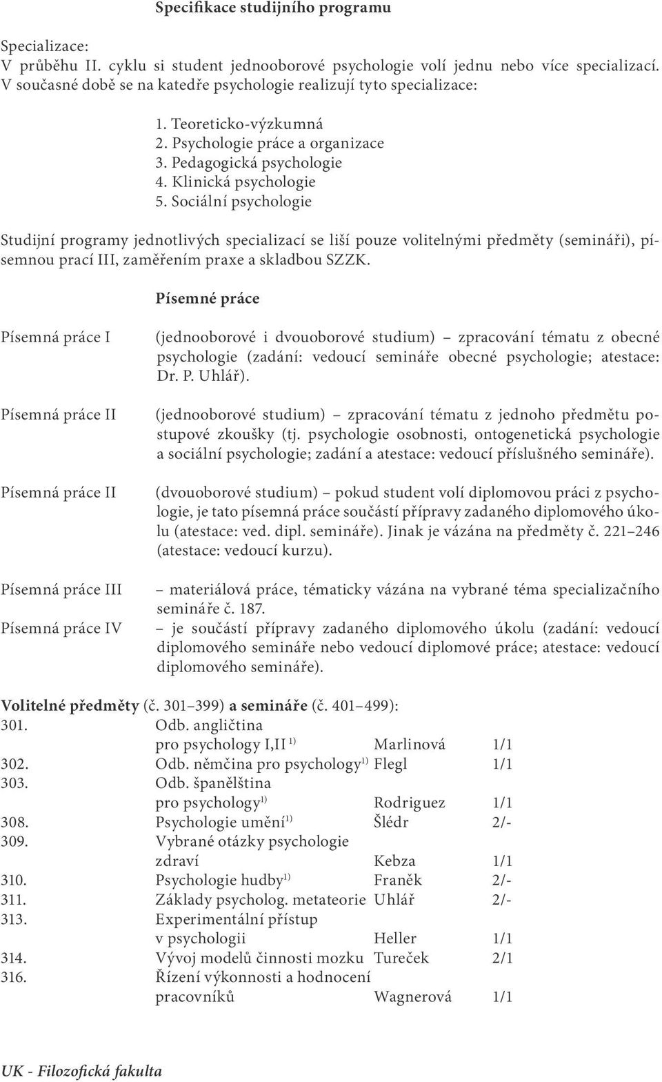 Sociální psychologie Studijní programy jednotlivých specializací se liší pouze volitelnými předměty (semináři), písemnou prací III, zaměřením praxe a skladbou SZZK.