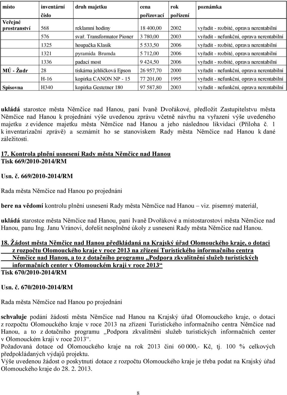 rozbité, oprava nerentabilní 1336 padací most 9 424,50 2006 vyřadit - rozbité, oprava nerentabilní MÚ - Žudr 28 tiskárna jehličková Epson 26 957,70 2000 vyřadit - nefunkční, oprava nerentabilní H-16