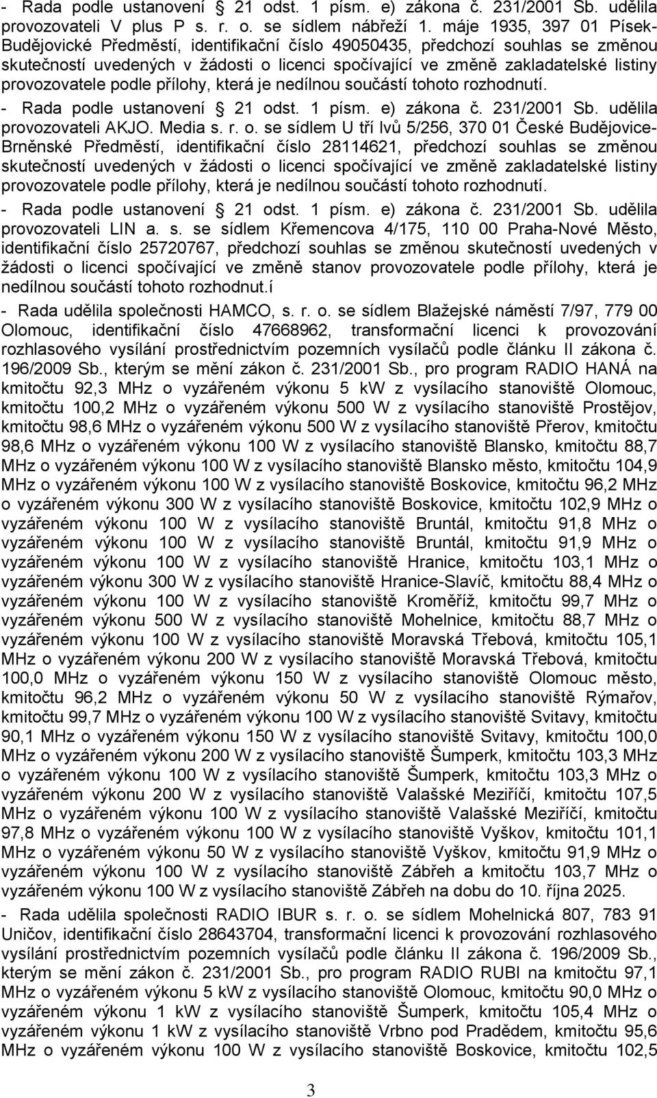 provozovatele podle přílohy, která je nedílnou součástí tohoto rozhodnutí. - Rada podle ustanovení 21 od