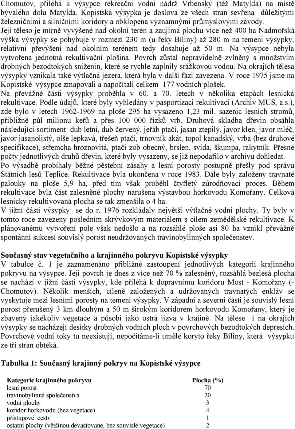 Její těleso je mírně vyvýšené nad okolní terén a zaujímá plochu více než 400 ha Nadmořská výška výsypky se pohybuje v rozmezí 230 m (u řeky Bíliny) až 280 m na temeni výsypky, relativní převýšení nad