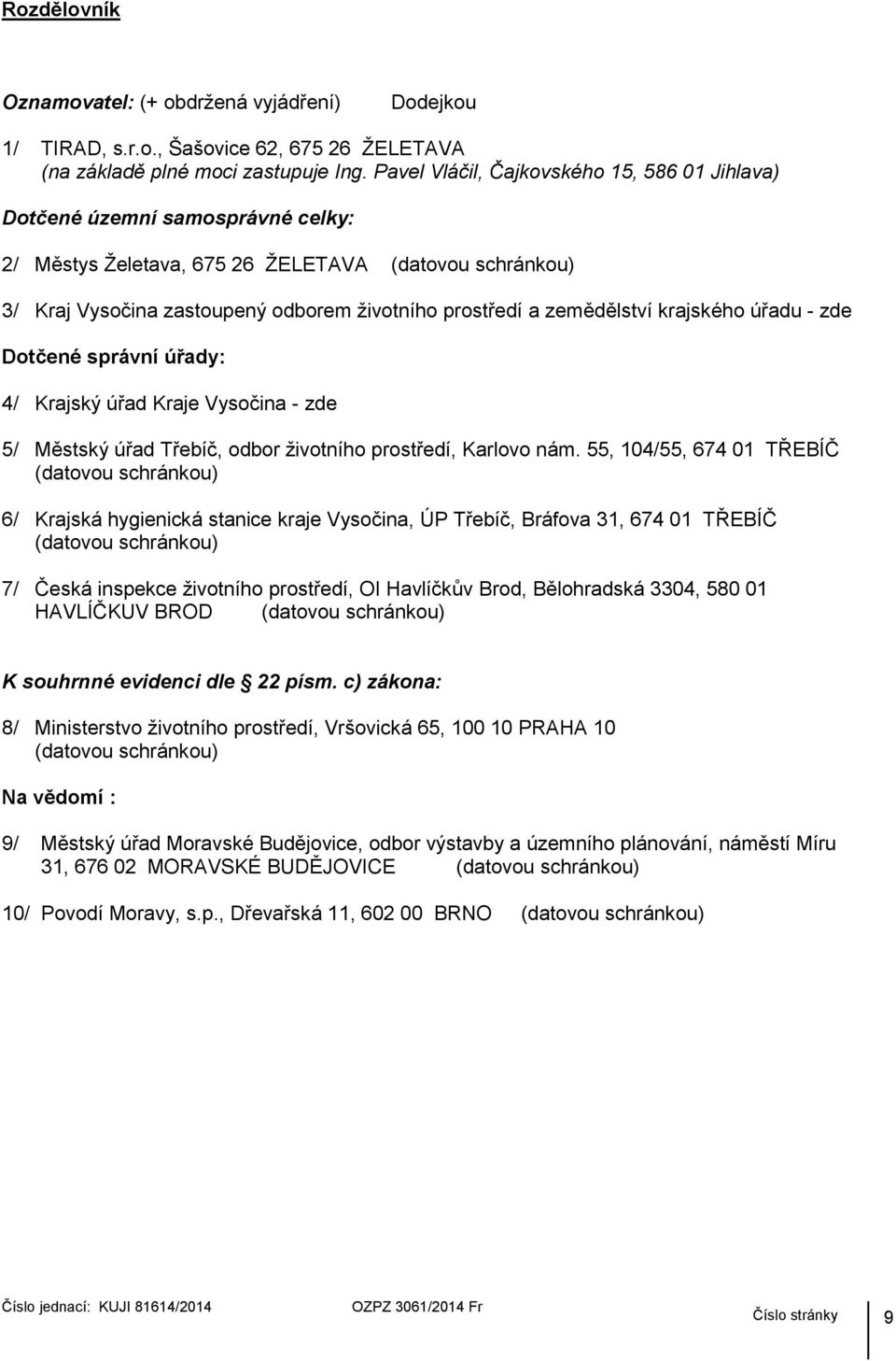 zemědělství krajského úřadu - zde Dotčené správní úřady: 4/ Krajský úřad Kraje Vysočina - zde 5/ Městský úřad Třebíč, odbor životního prostředí, Karlovo nám.