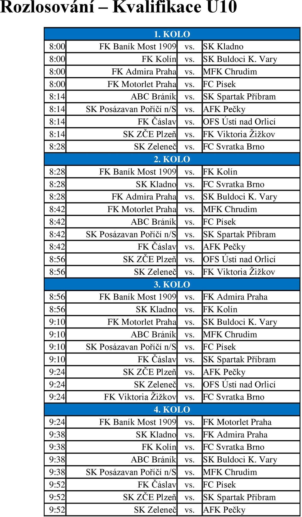 FC Svratka Brno 2. KOLO 8:28 FK Baník Most 1909 vs. FK Kolín 8:28 SK Kladno vs. FC Svratka Brno 8:28 FK Admira Praha vs. SK Buldoci K. Vary 8:42 FK Motorlet Praha vs. MFK Chrudim 8:42 ABC Bráník vs.