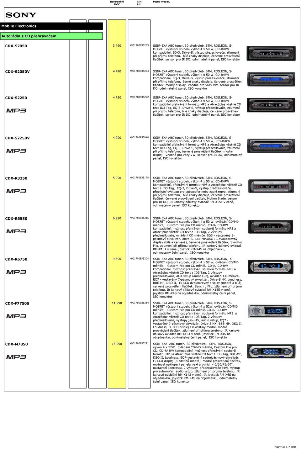 odnímatelný panel, ISO konektor CDX-S2050V 4 490 4901780935284 SSIR-EXA ABC tuner, 30 předvoleb, BTM, RDS.