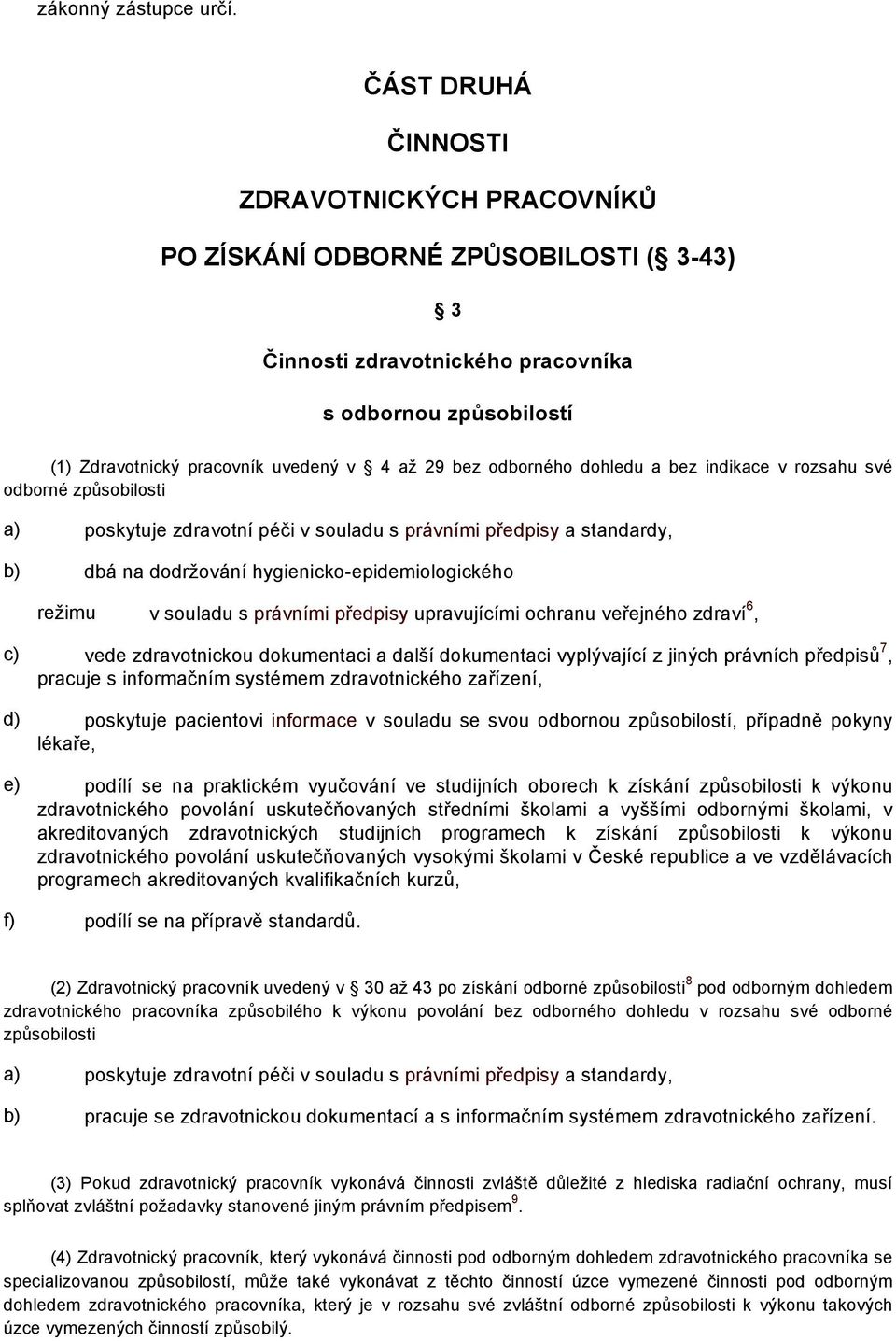 odborného dohledu a bez indikace v rozsahu své odborné způsobilosti a) poskytuje zdravotní péči v souladu s právními předpisy a standardy, b) dbá na dodržování hygienicko-epidemiologického režimu v