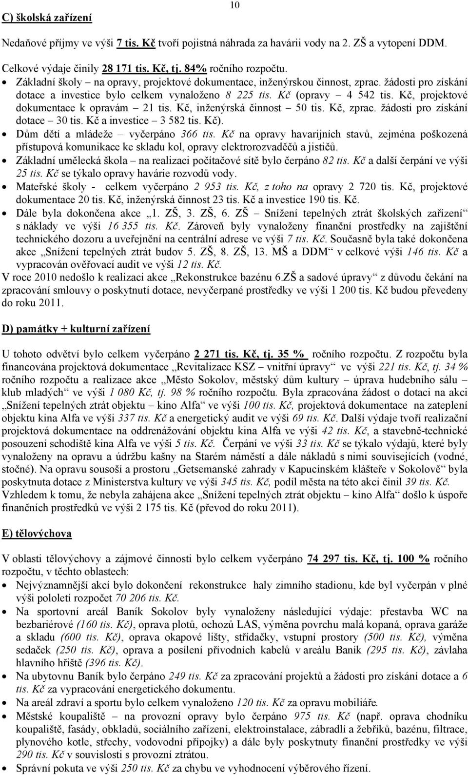 Kč, projektové dokumentace k opravám 21 tis. Kč, inženýrská činnost 50 tis. Kč, zprac. žádosti pro získání dotace 30 tis. Kč a investice 3 582 tis. Kč). Dům dětí a mládeže vyčerpáno 366 tis.