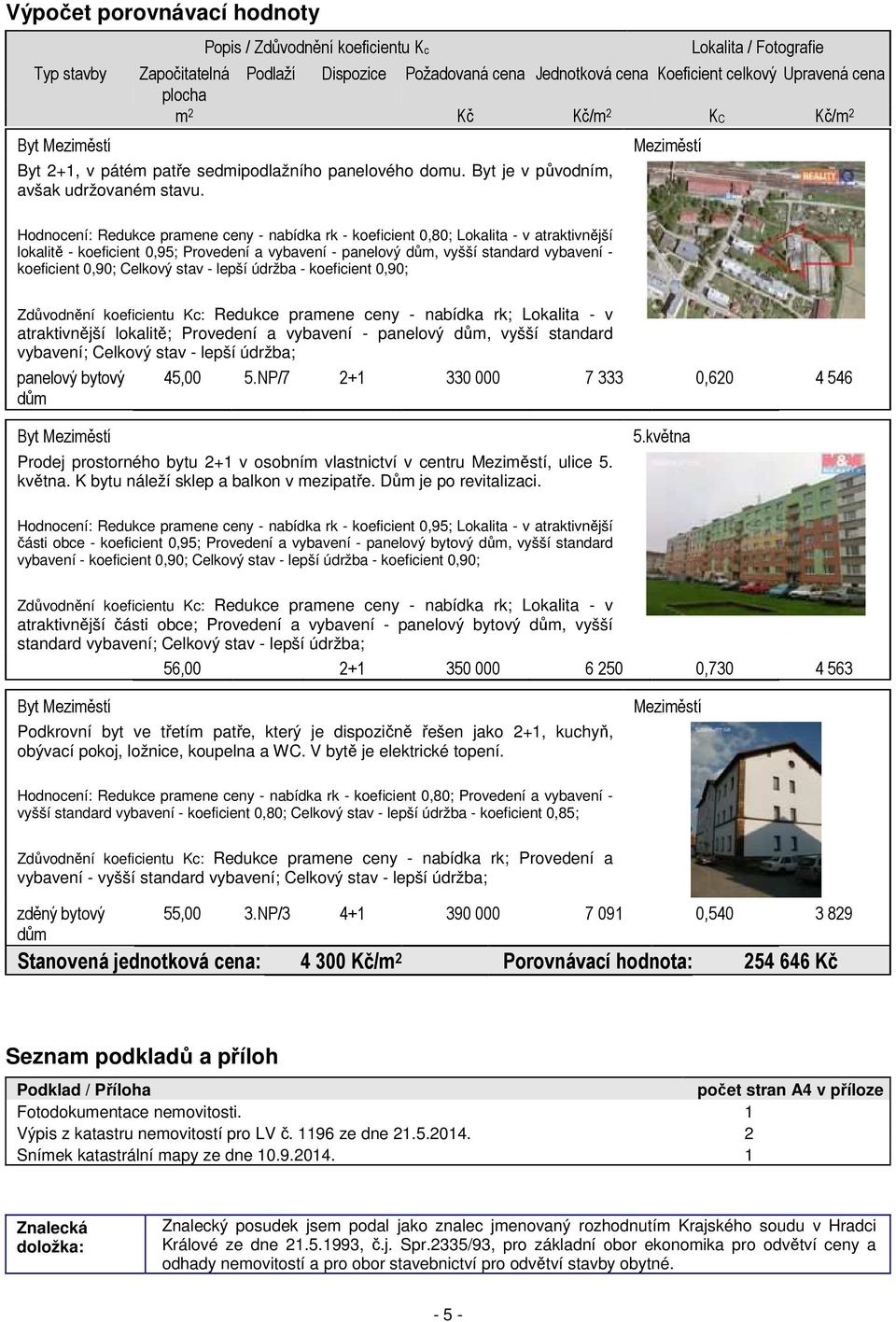 Meziměstí Hodnocení: Redukce pramene ceny - nabídka rk - koeficient 0,80; Lokalita - v atraktivnější lokalitě - koeficient 0,95; Provedení a vybavení - panelový dům, vyšší standard vybavení -